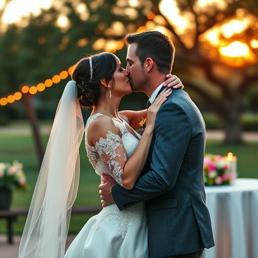 A bride and groom sharing a kiss during their outdoor wedding ceremony in Austin
