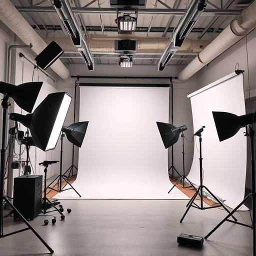 A brightly lit photography studio interior with various backdrops and equipment.