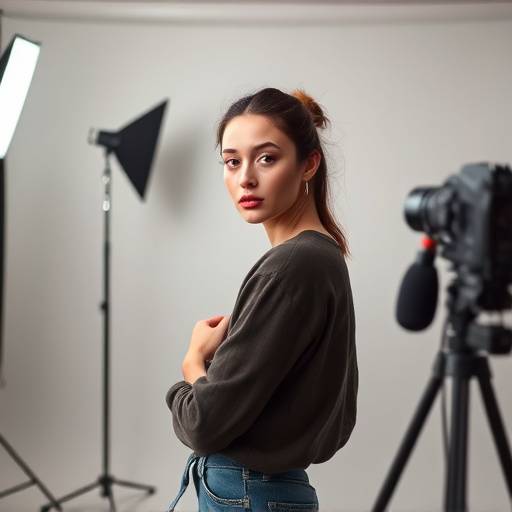 A photographer taking a portrait of a model in a studio setting.