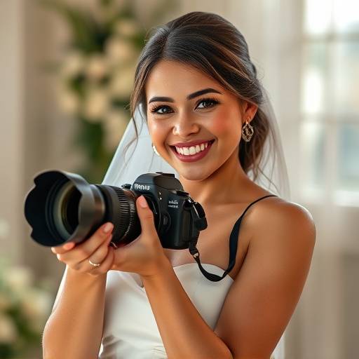 Ava Rodriguez, a smiling wedding photographer holding a camera