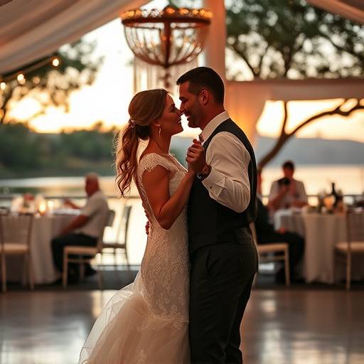 Bride and groom dancing at a wedding reception at The Oasis overlooking Lake Travis, Austin