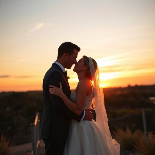 Candid wedding couple photo at the end of their ceremony at sunset, Austin