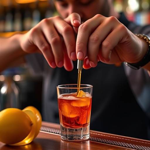 Close-up commercial shot of a hand crafting local cocktails