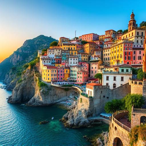 Panoramic view of the Amalfi Coast, Italy, with colorful buildings clinging to the cliffside.