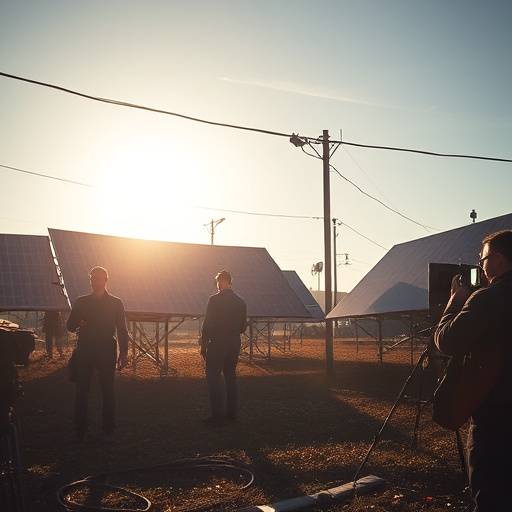 Solar panels powering film equipment on a set, symbolizing sustainable filmmaking practices.